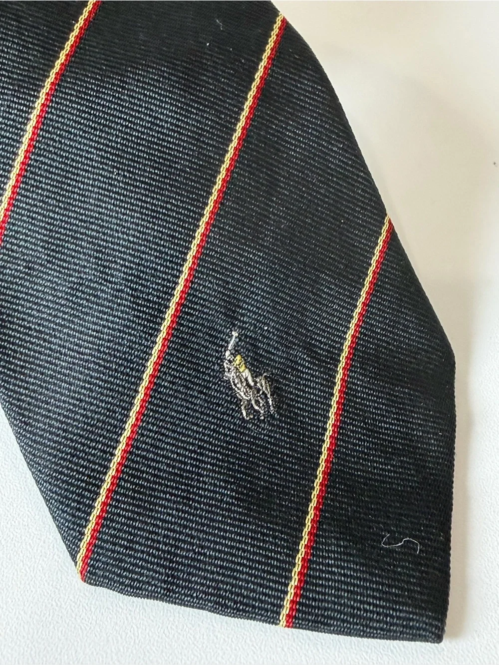 Polo Ralph Lauren Black Silk Tie with Red and Gold Embroidered Horse Logo Stripe